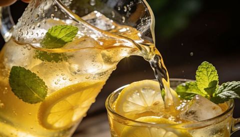 Sunlit lemonade pouring from clear pitcher into ice-filled glass with lemon slices and mint
