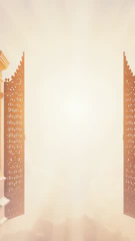 Golden palace gates swinging open into radiant light revealing heavenly void vertical video