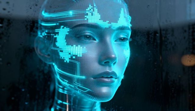 Holographic android face displaying cyan neural grid and futuristic circuitry