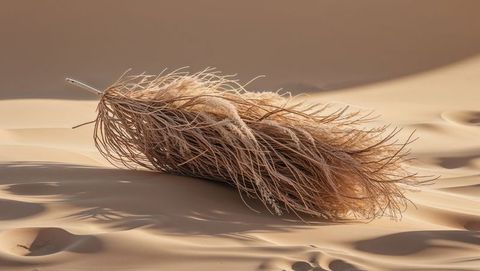 Dried tumbleweed grass on sand dunes in warm desert sun