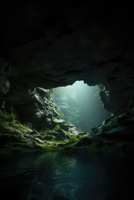 Sunlight filters through the opening of a cave casting beams onto water and surrounding rocks. Green moss adds color to the dark environment. Ideal for use in travel, adventure, or nature themes, illustrating tranquility and natural beauty. Perfect for backgrounds and banners emphasizing exploration or serenity.