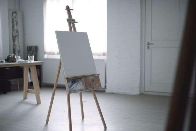 Blank canvas on wooden easel in daylight by window in painter's studio. Art, possibility, inspiration and creativity, copy space concept digitally generated image.