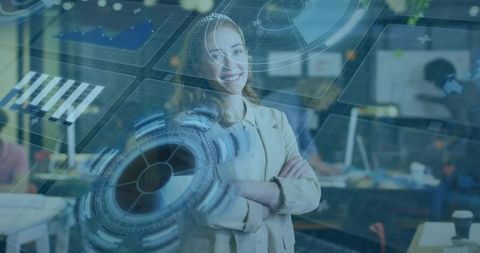 Confident businesswoman with holographic interface projecting futuristic collaboration