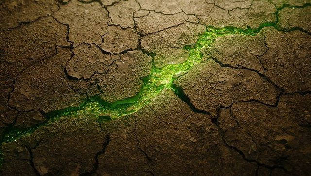 Luminous green fissure running through cracked parched earth casting neon glow