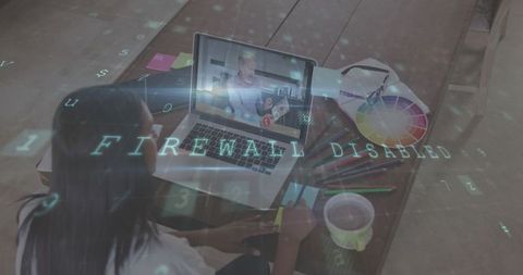 Cybersecurity overlay on video chatting woman in office setting