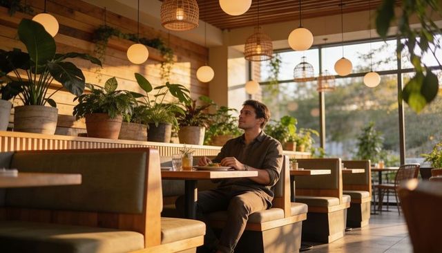 Man dining in plant-filled cafe booth at golden hour, casual style, natural light
