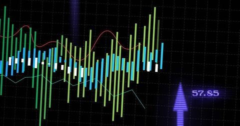 Neon Candlestick Chart with Rising Arrow and Technical Indicators for Fintech Analytics