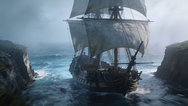 Three-masted tall ship navigating narrow rocky channel with billowing sails