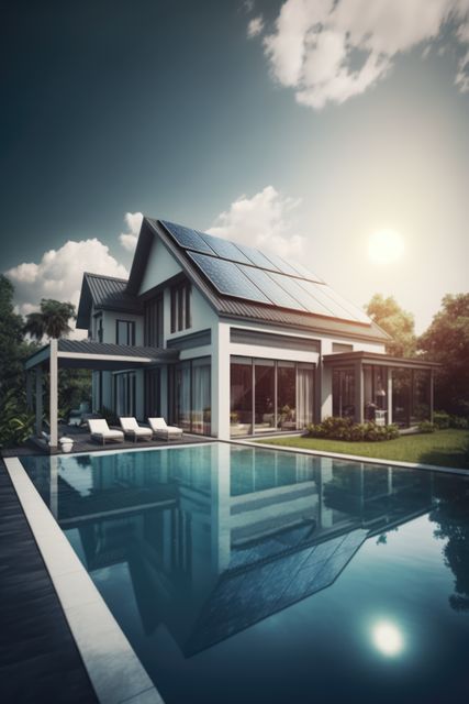 Modern Eco-Friendly House with Solar Panels and Pool at Sunset - Download Free Stock Images Pikwizard.com