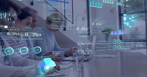 Boardroom Team Analyzing Digital Dashboards and Data Overlays for Financial Strategy