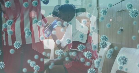 Virus Cells and Medical Icons Overlapping Athletes, Sports Healthcare