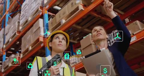 Manager Guides Tech with Digital Filters Indicating Warehouse Metrics
