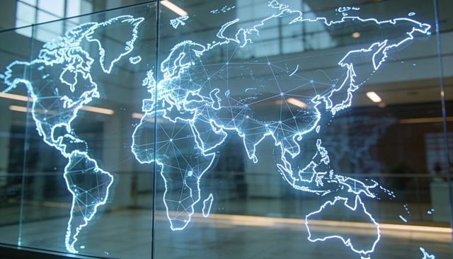 Luminous digital world map showing global network connections on glass atrium