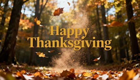 Golden Happy Thanksgiving Typography Rising from Autumn Leaf Dust in Sunlit Forest