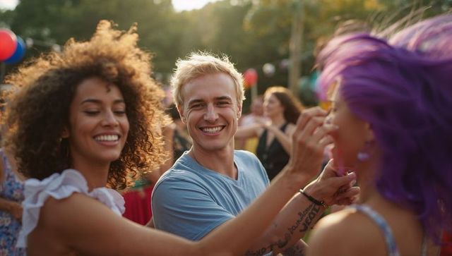 Smiling friends laughing and dancing at outdoor summer festival in sunlit green park