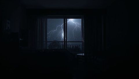 Lightning Cracking Across Rainy Night Sky Framing Dark Hotel Room Balcony Silhouette