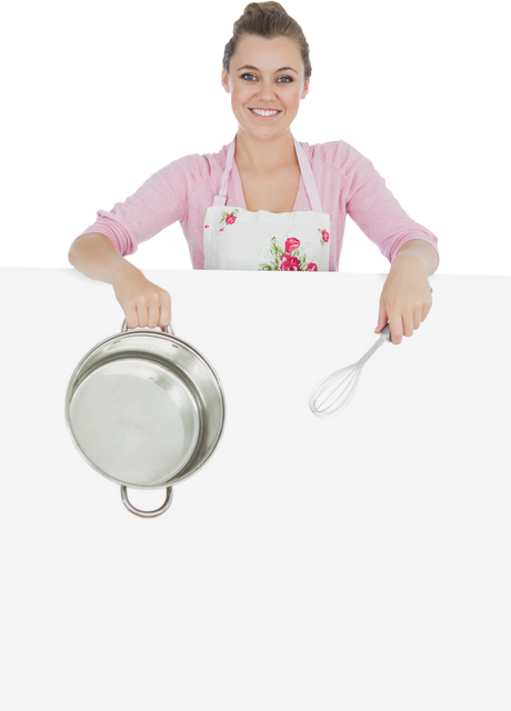 Smiling Woman Holding Wire Whisk and Mixing Bowl Behind Transparent Billboard - Download Free Stock Videos Pikwizard.com