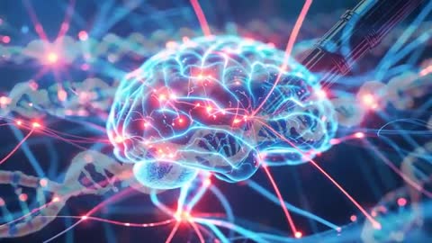 Futuristic Brain Model with Flickering Neural Nodes and DNA Helix