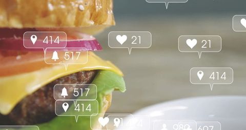 Closeup gourmet cheeseburger displaying social media overlays for restaurant marketing