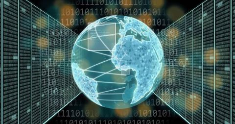 Holographic globe projecting global network lines between server racks with binary overlays