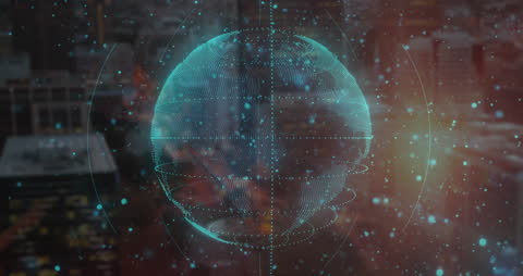 Futuristic Digital Globe over Urban Cityscape