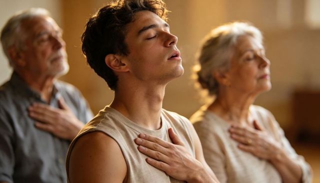 Multigenerational group practicing mindful breathing and calm meditation in warm studio