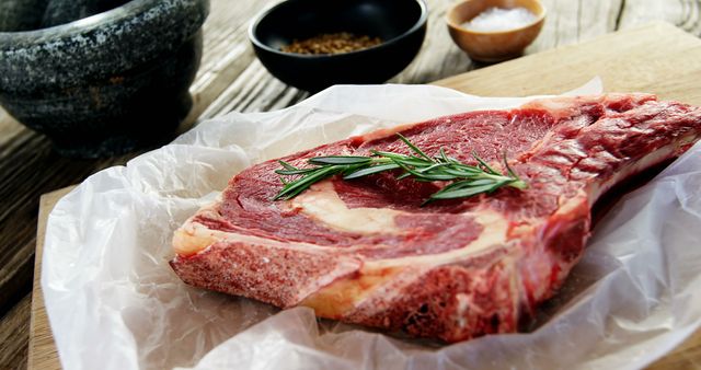 Fresh Raw Ribeye Steak with Rosemary on Parchment Paper - Download Free Stock Images Pikwizard.com