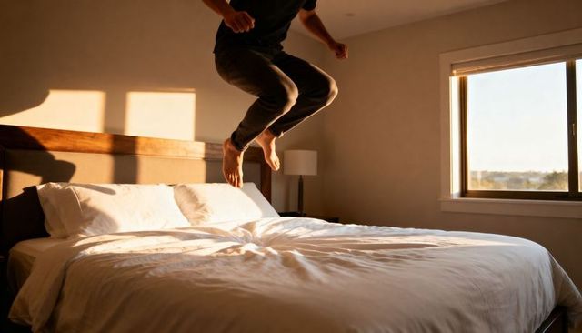 Man jumping above bed in sunlit bedroom during golden hour showing joy and morning warmth