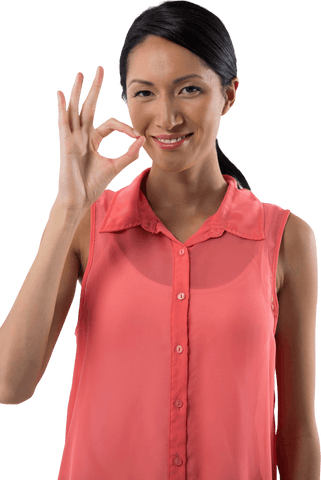 Smiling Woman Giving Okay Hand Gesture with Transparent Background