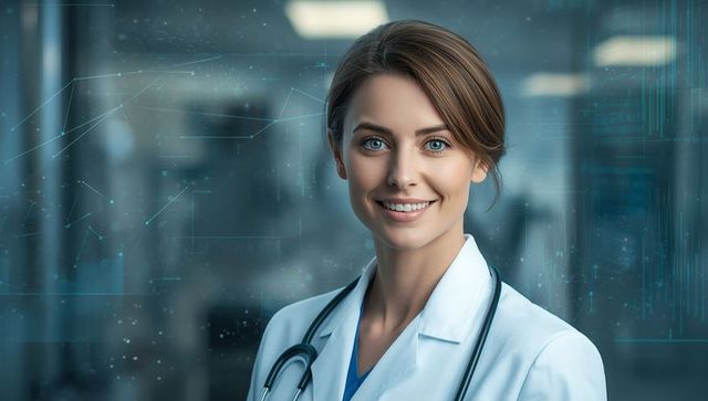 Smiling Female Physician in Modern Hospital Corridor