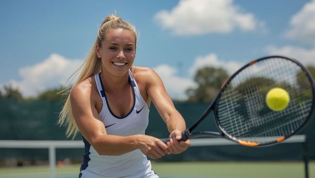 Energetic Female Tennis Player Hitting Ball on Court