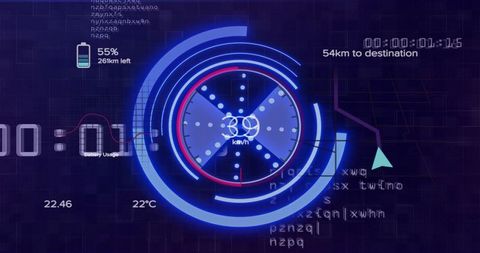 Neon futuristic hud display showing 39 km/h speed 55% battery 54 km navigation
