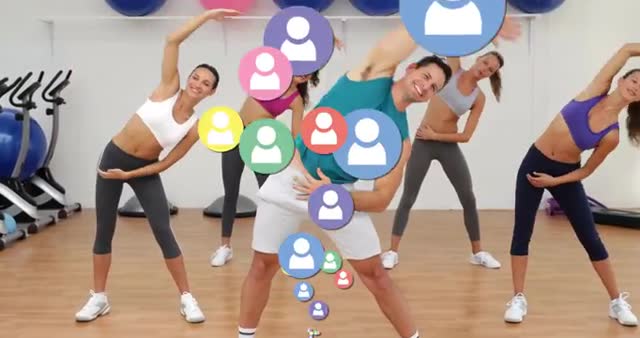 Group of people exercising and doing aerobic routines in a modern gym studio. Animated social media icons floating over them illustrate the integration of technology and digital interactivity during workouts. Perfect for use in content related to fitness, exercise routines, social media engagement, technology in fitness, and healthy living. This visually appeals to fitness enthusiasts and those interested in blending physical activity with digital innovation.