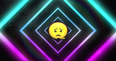 Sad emoji with neon geometric shapes on black background