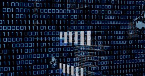 Binary code overlapping modern skyscraper architecture