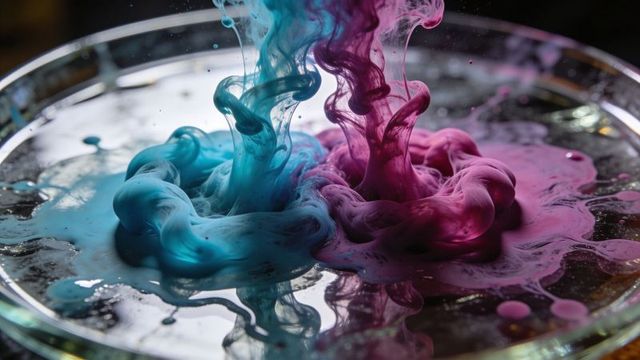 Cyan and Magenta Ink Plumes Swirling in Glass with Glossy Reflections Abstract Fluid Art