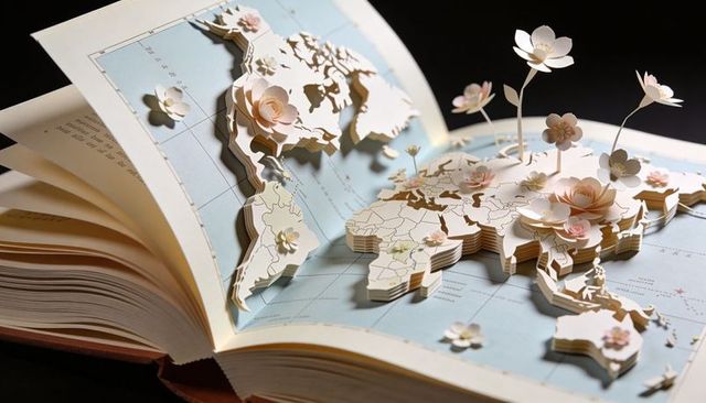 Displaying pop-up world map with layered paper flowers in open hardcover book