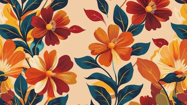Retro floral pattern with multicolored petals and teal leaves