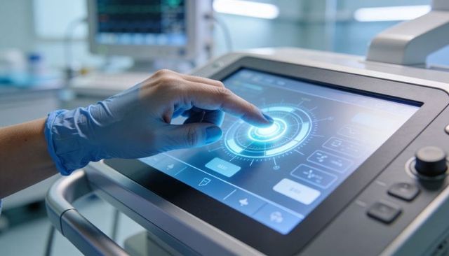 Gloved Hand Interacting with Futuristic Medical Touchscreen HUD for Precision Diagnostics