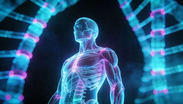 Holographic human anatomy with dna helix neon translucent skeletal muscular visualization