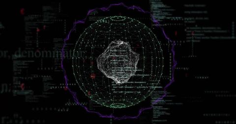 Pulsing wireframe globe visualizing network data flow and cybersecurity signals in neon hud