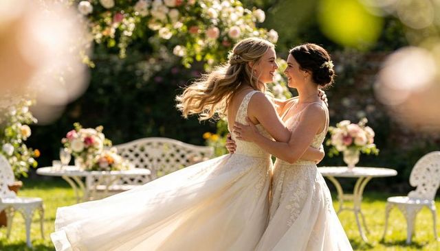 Two brides embracing and twirling in sunlit garden wedding with roses and vintage decor
