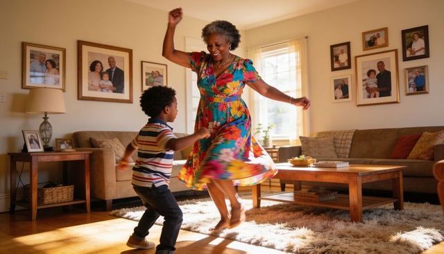 Grandmother dancing with grandson in sunlit living room, floral dress, joyful moment