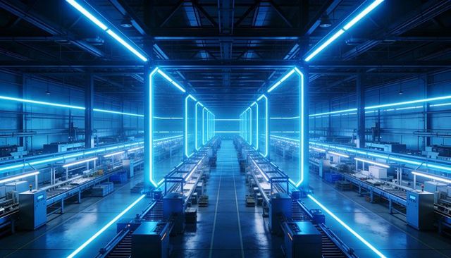 Glowing Blue Neon Archway Corridor Leading Through High-Tech Automated Factory Interior