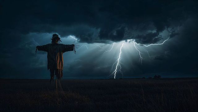 Dramatic scarecrow in lightning storm over rural field