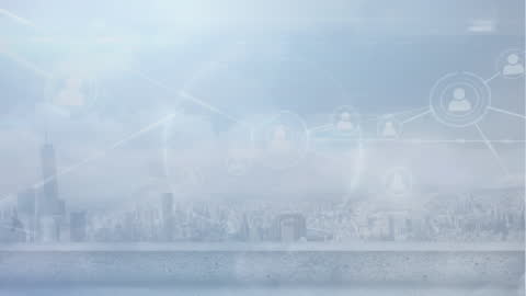 Digital Network Connections Over Cityscape Skyline