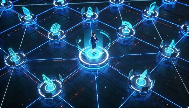 Holographic businesswoman standing on connected data nodes visualizing network intelligence
