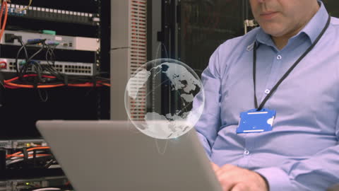 Businessman Managing Data Servers with Digital Interface Hud