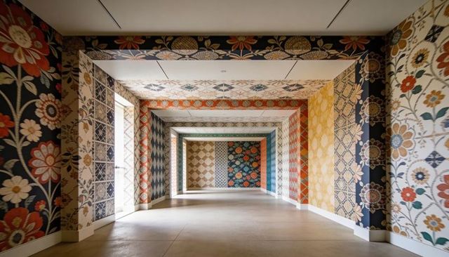 Patterned corridor installation featuring bold floral wallpaper panels and recessed perspectives