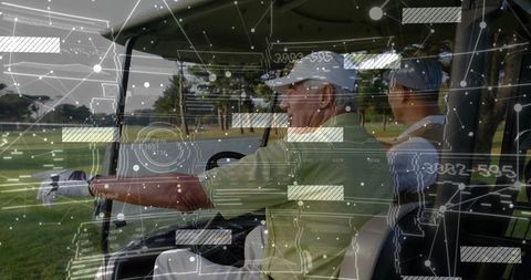 Senior Golfer Using Technology Overlay in Golf Cart